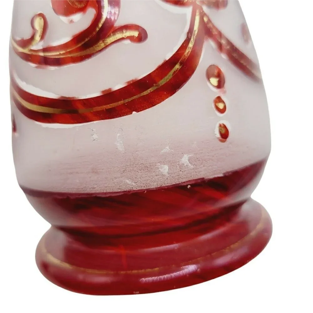Vintage Bohemian Ruby Red Decanter Frosted Glass Painted Gold Gilding 9